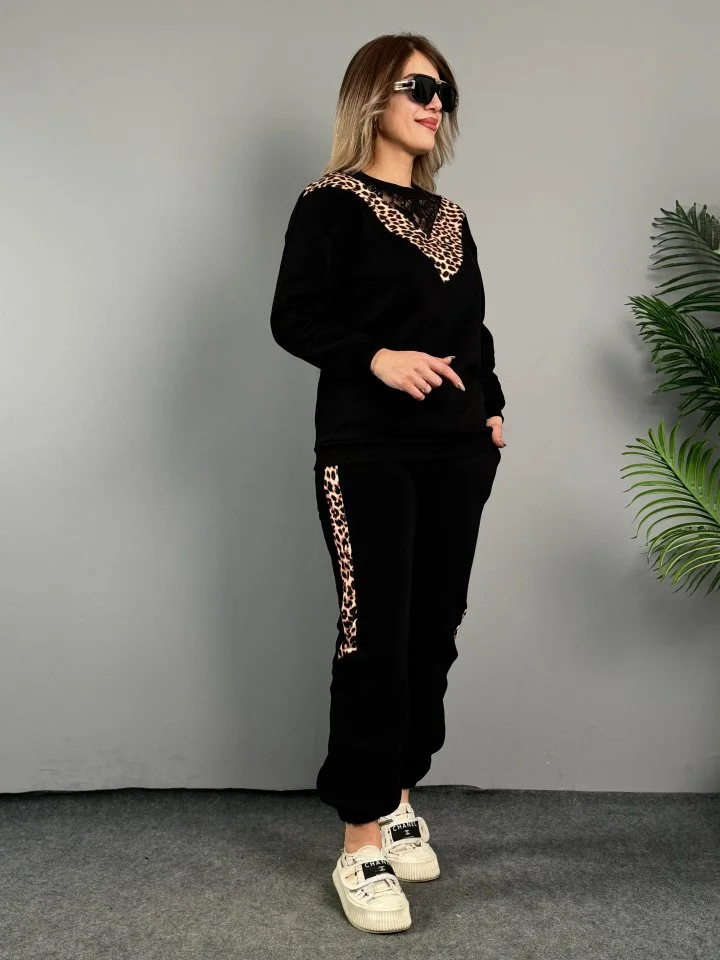 Leopar Desenli Kumaş Dantelli Ikili Takım